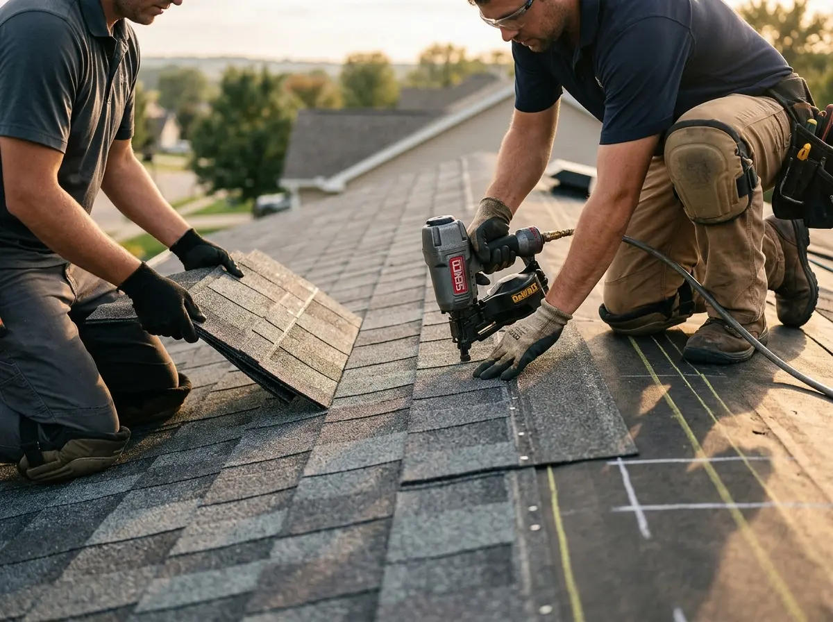 Professional roofer working on a residential roof in Manteno